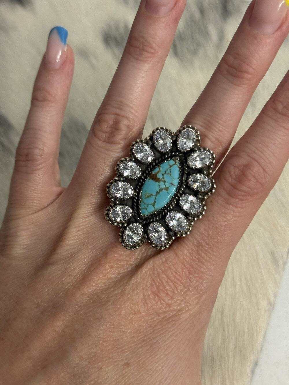 Huge Sterling Silver Number 8 Turquoise CZ Multi-stone 13 Stone Cluster Ring 925